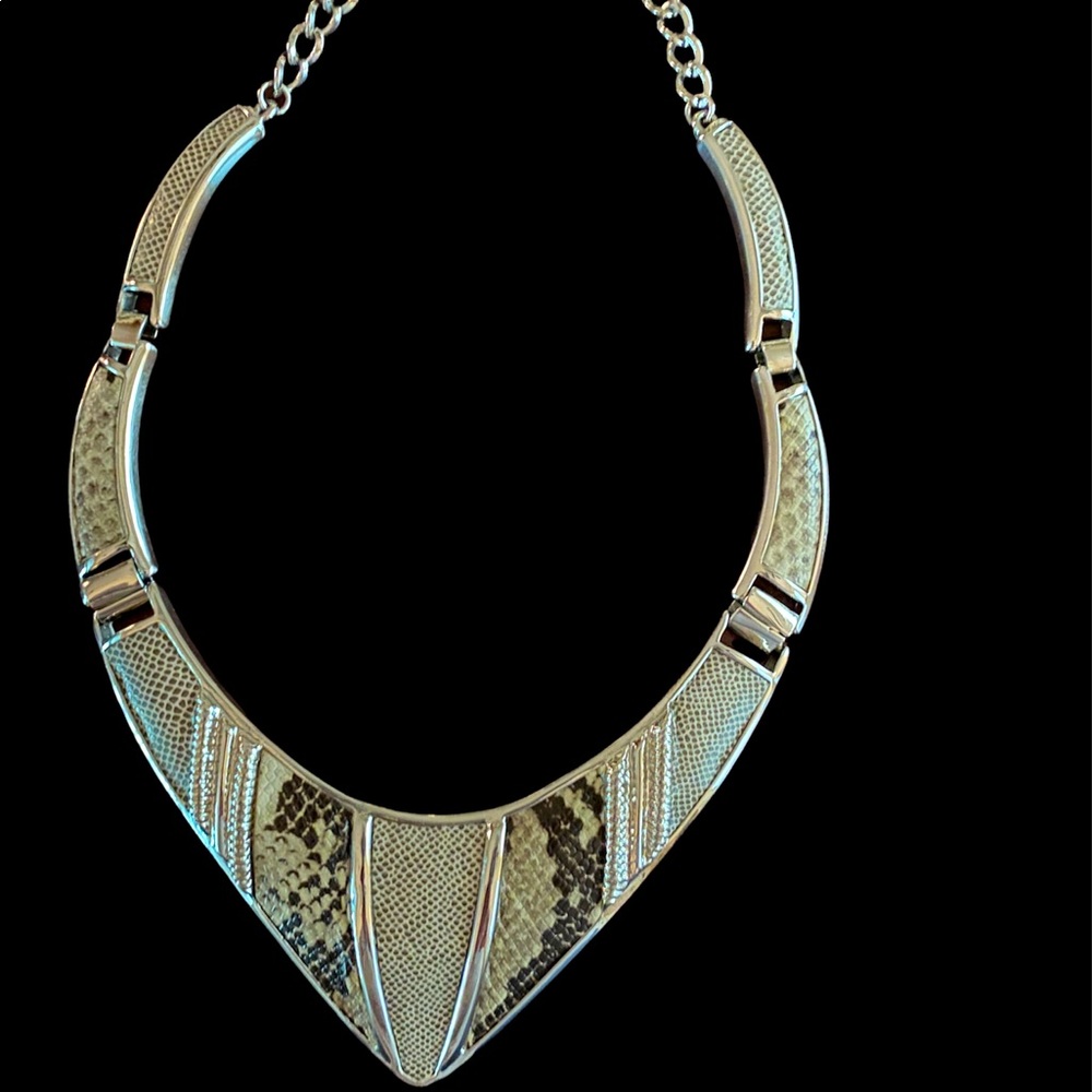 BCBG Max Azria Necklace, faux snakeskin pattern and silver tone.